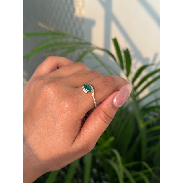 Not Yet Made - Made To Order Modernist Pear Shape Emerald & Diamond Halo Ring in 14k Yellow Gold Size 4 For Sale - Image 5 of 17