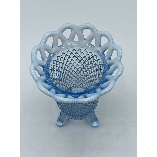 Vintage Imperial Glass Vase Blue Diamond Pattern Opalescent Footed For Sale - Image 4 of 8