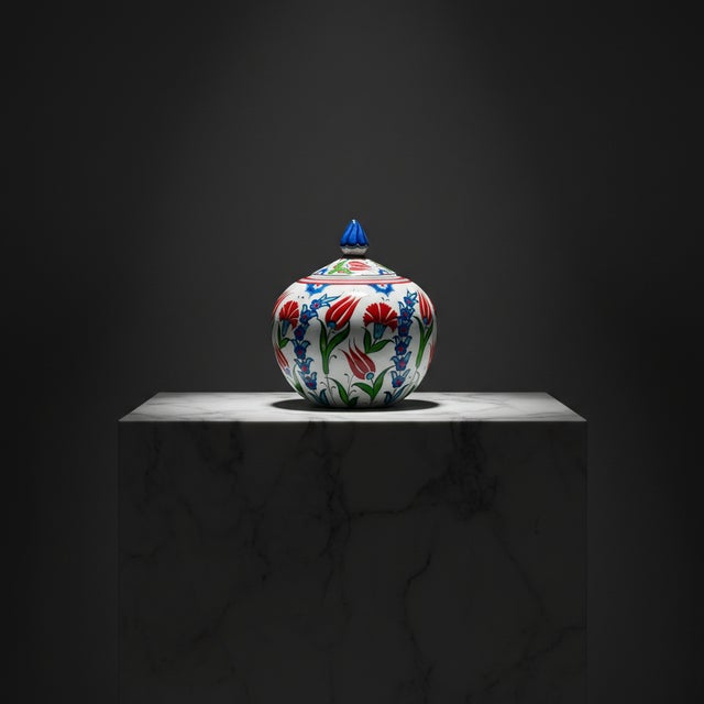 Blue Handmade Ceramic Lidded Bonbonniere Jar Red Tulips and Carnations Round Globe For Sale - Image 8 of 8