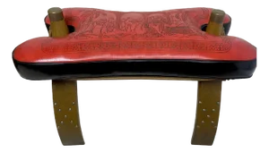 Mid-Century Camel Saddle or Footstool with Printed Red Leather