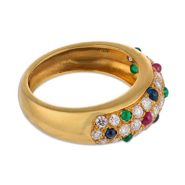 Vintage Emerald Ruby Sapphire Diamond 18k Yellow Gold Pave Ring, Size 6.25 For Sale - Image 4 of 6