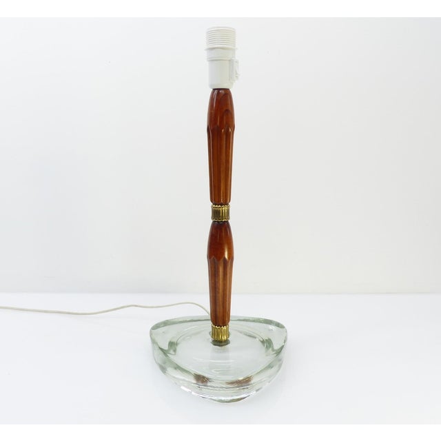 Scandinavian Table Lamp in Aqua Glass, Wood and Brass attributed to Nybro Armaturfabrik, Sweden, 1960s For Sale - Image 3 of 9