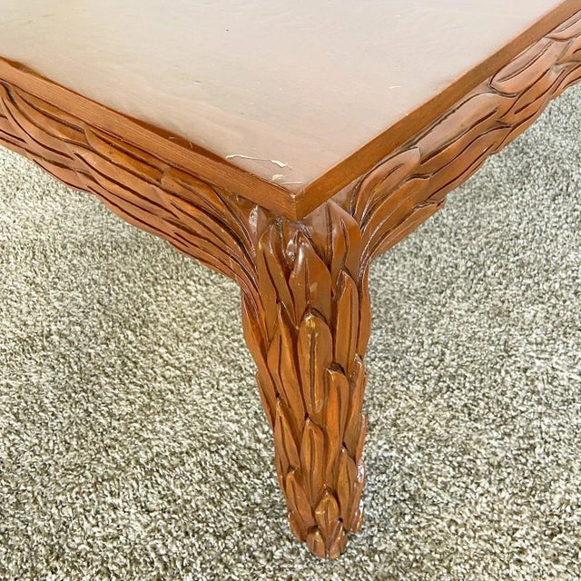 1970s Hand Carved Wooden Leaves Square Coffee Table For Sale - Image 5 of 12