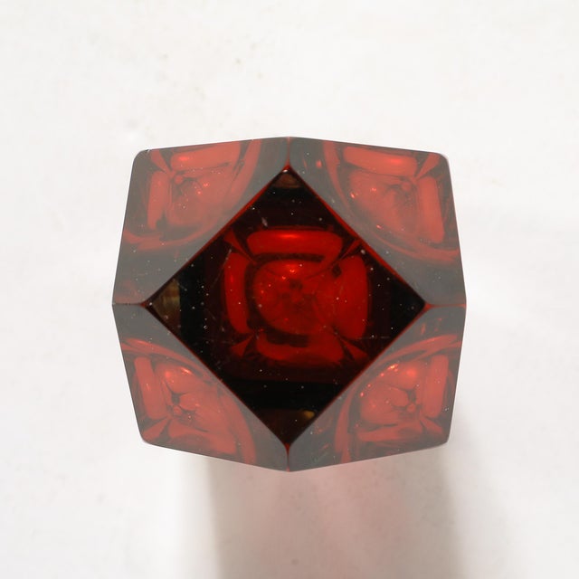 Mid-Century Hand-Blown Faceted Murano Glass Sommerso Ruby & Transparent Vase For Sale - Image 9 of 10