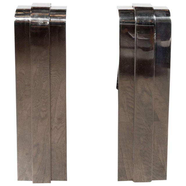 Modernist Curved Deco Inspired Nickel Andirons - a Pair For Sale