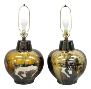 Mid Century Modern Sunset Cosco Ram Brown Drip Glaze Pottery Table Lamps Pair B