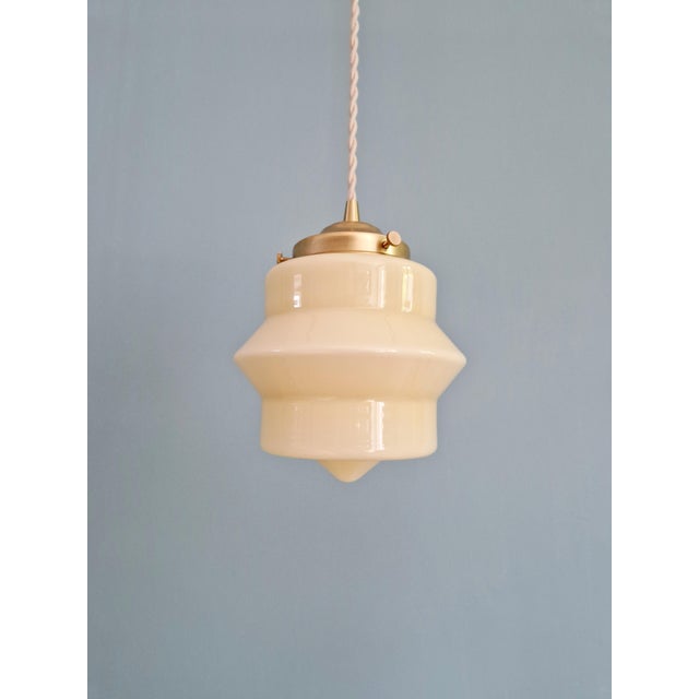 Bauhaus Art Deco Pendant Lights in Cream Opaline Glass, 1930s, Set of 2 For Sale - Image 3 of 13