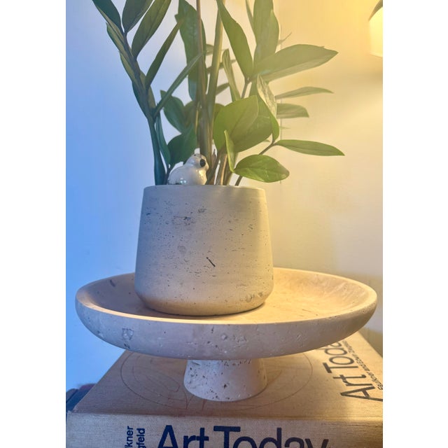 Stone Organic Modern Travertine Style Pedestal Bowl – Mediterranean Stone Compote Centerpiece For Sale - Image 7 of 12