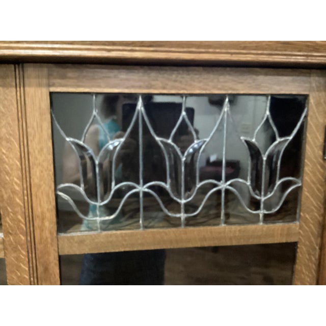 Arts & Craft Antique Oak Bookcase Double Doors Lead-Glass Tulips Claw Feet on Rollers For Sale In South Bend - Image 6 of 12