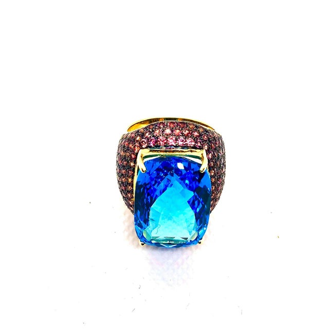 Art Deco Bochic “Orient” Vintage London Blue Topaz & Orange Sapphire Ring, 18K Gold & Sil For Sale - Image 3 of 16