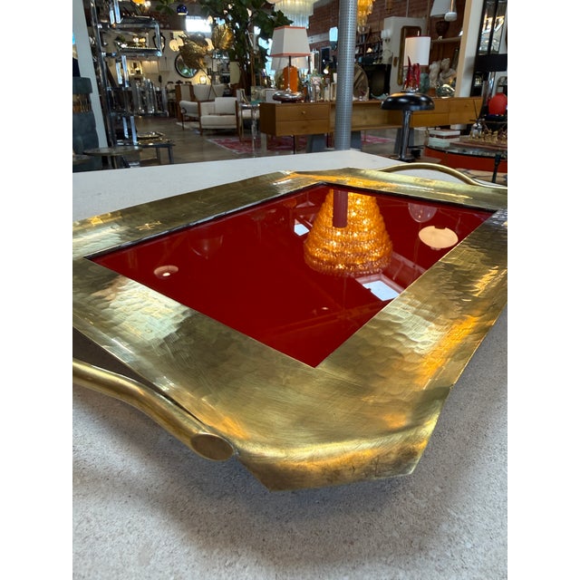 Italian Hammered Brass and Red Lacquer Serving Tray, Mid-Century For Sale - Image 4 of 7