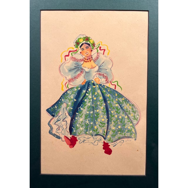 Folk Art Original 1946 Folklore Dancers Paintings Watercolor & Gouache Signed at the back - Pair For Sale - Image 3 of 15