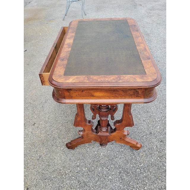 Victorian 19th Century Victorian Walnut Renaissance Revival New Leather Table For Sale - Image 3 of 9