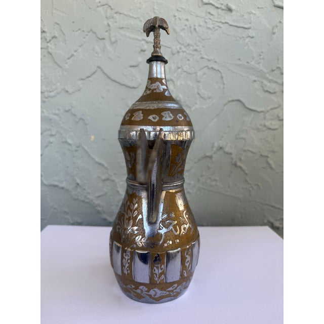 Vintage Middle Eastern Brass & Silver Overlay Dallah Coffee Pot With Engraved Arabic Script – 10.5” For Sale - Image 4 of 12