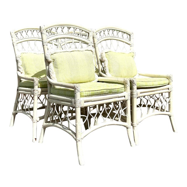 Vintage Coastal Trellis Rattan Dining Chairs - Set of 4 For Sale