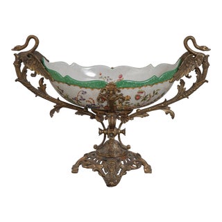 Bronze Swan Mounted Porcelain Compote Bowl For Sale