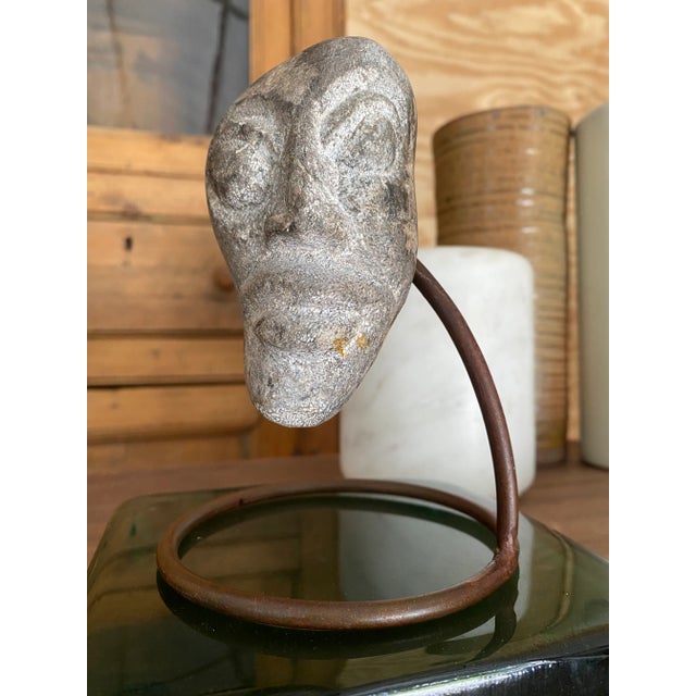 Surrealist Carved Stone Face Sculpture Steel Base Tribal Style Raw Wood Pedestal For Sale - Image 13 of 17