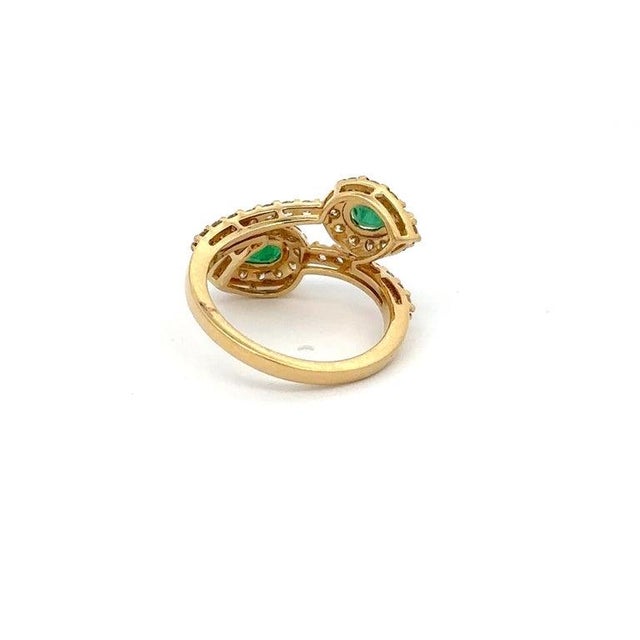 Gold Natural Emerald Halo Diamond Bypass Ring in 18k Gold Size 7 For Sale - Image 8 of 10