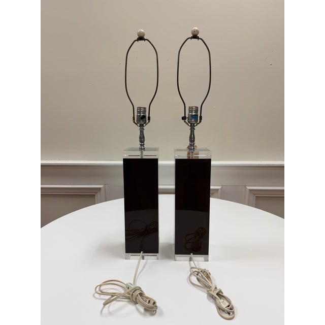 Brown Vintage 1970s George Bullio Smoked Acrylic and Lucite Block Table Lamps - A Pair For Sale - Image 8 of 8
