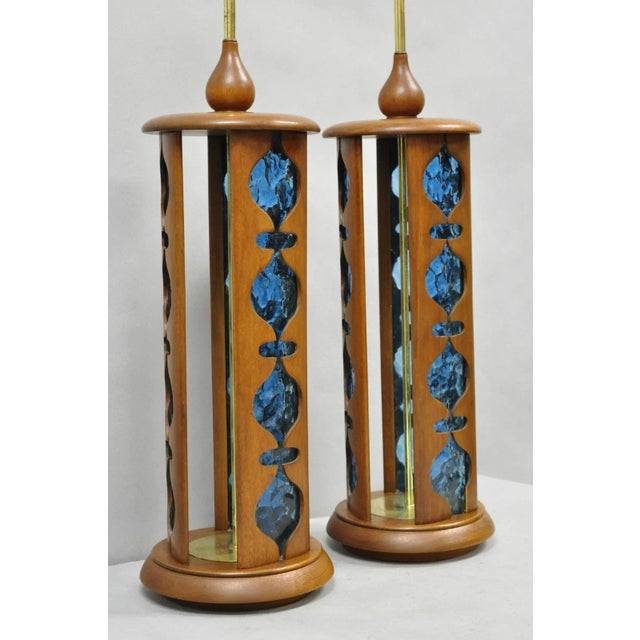 Vintage Modeline Mid Century Modern Walnut & Blue Stained Glass Table Lamps Pair For Sale In Philadelphia - Image 6 of 14