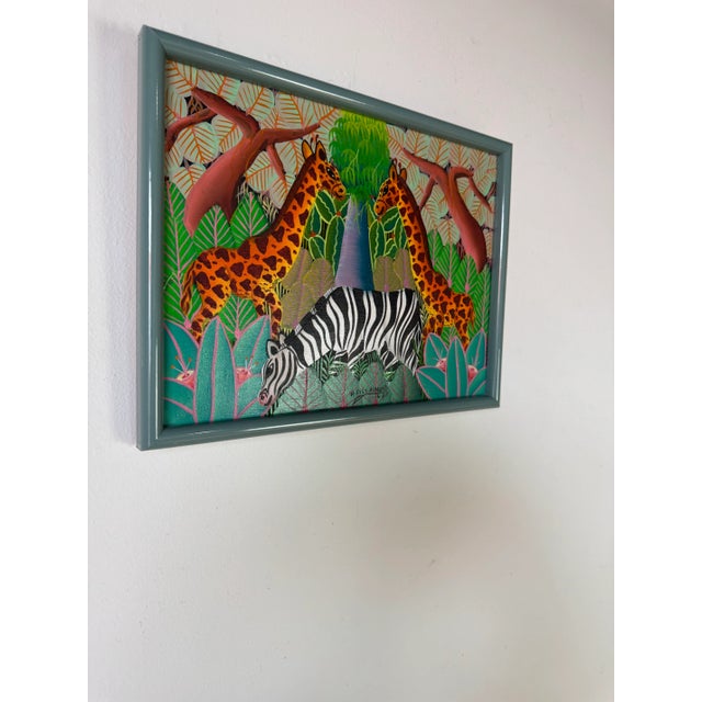 Colorful and vibrant 1987 oil on canvas painting by Haitian folk artist H. Fils Aimond, depicting an enchanting jungle...