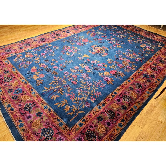 Blue Oversize Chinese Art Deco Oversize Rug, Hand-Knotted Wool, Floral Design, 1920s For Sale - Image 8 of 18