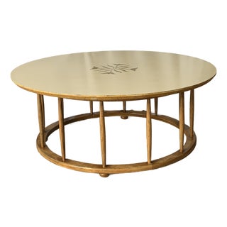 MCM Van Koret Style Spindle Leg Round Coffee Table With Painted Embellishment For Sale
