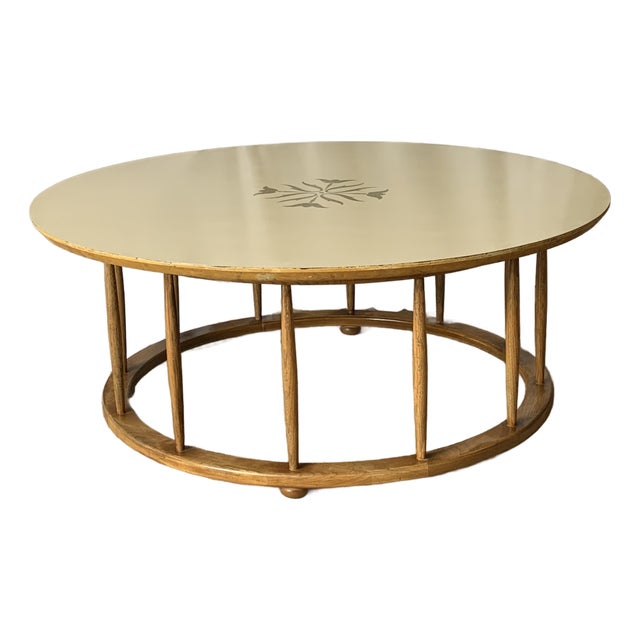 MCM Van Koret Style Spindle Leg Round Coffee Table With Painted Embellishment For Sale