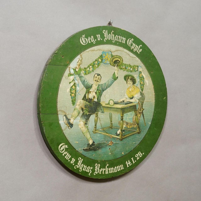 Antique German Shooting Target with Festive Couple Scene, Germany 1928 Item e8164 This antique German shooting target...
