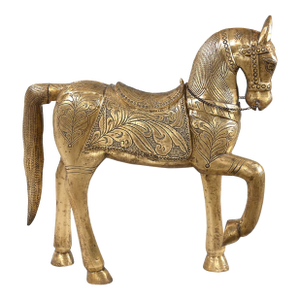 Handcrafted Brass Horse Statue | 25 Inch Carved Wood Royal Animal Sculpture | Gold Art Deco Home Decor | Unique Housewarming Luxury Gift