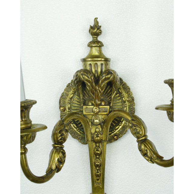 Metal Restored Pair of Mid 20th Century French Torch Brass 2 Arm Wall Sconces For Sale - Image 7 of 12