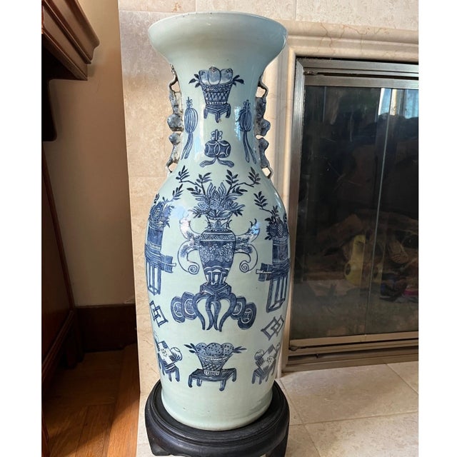 Antique Chinese Blue & White Baluster Vase, Chilong Handles, 19th Century For Sale In San Francisco - Image 6 of 11