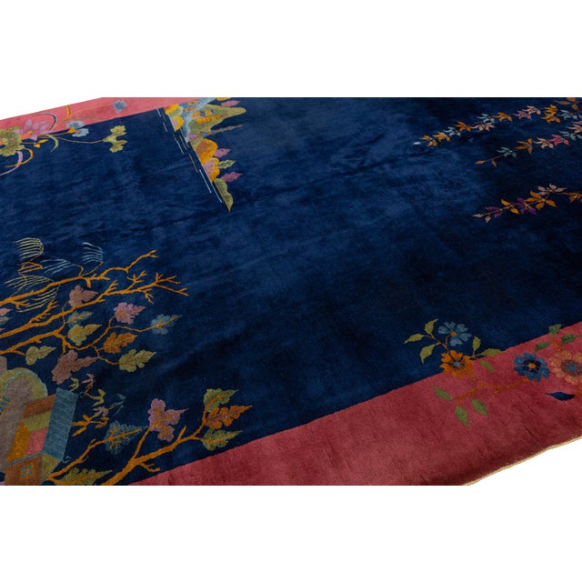 9 X 12 Navy Blue Antique Art Deco Chinese Wool Rug With Traditiona Design For Sale - Image 11 of 11