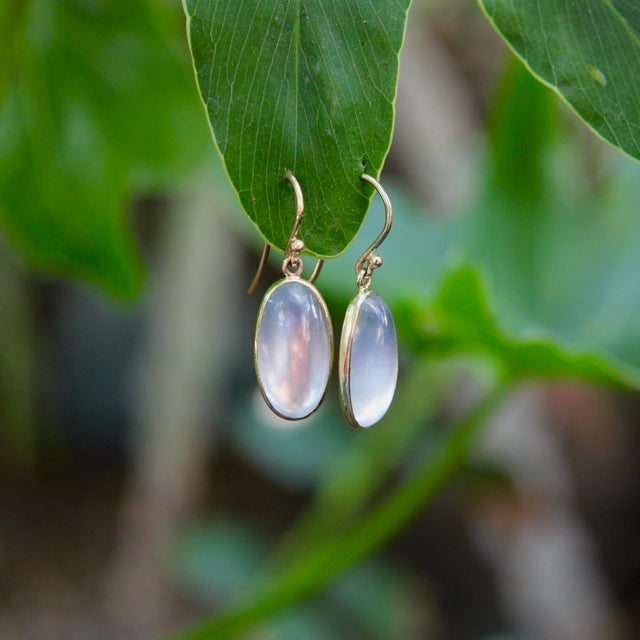 1900-1909 Pair of Signature 14k Gold Moonstone Cabochon Earrings With Shepherd Hooks For Sale - Image 9 of 9