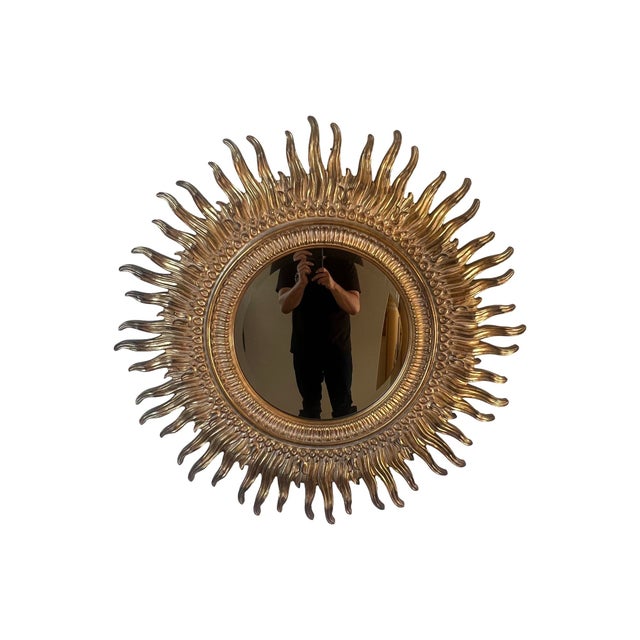 1970s Vintage Mid Century Modern Large Sunburst Sun Labarge Wall Art Mirror Gold Gilt Hollywood Regency 1970s MCM For Sale - Image 5 of 7