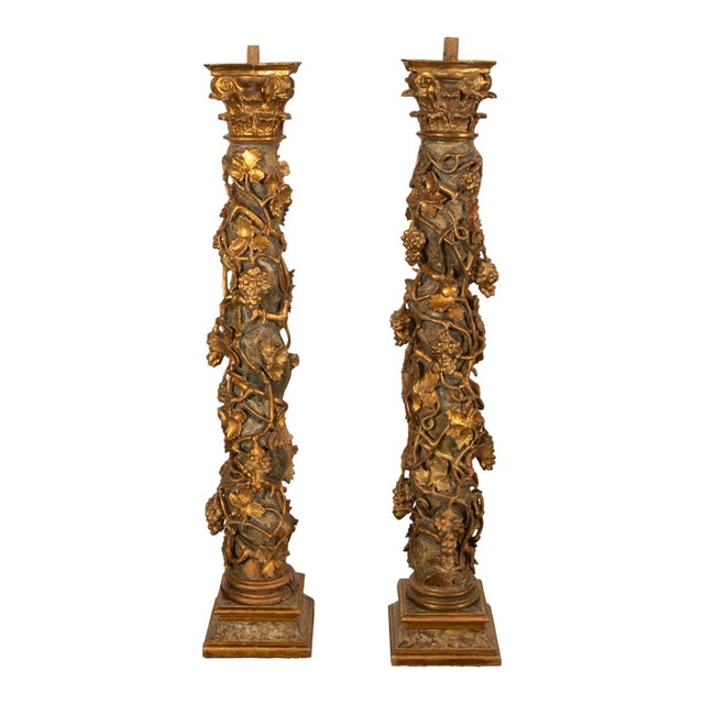 Antique Pair 17th Century Baroque Carved & Gilded Solomonic Columns Italy 1680 For Sale