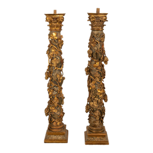 Antique Pair 17th Century Baroque Carved & Gilded Solomonic Columns Italy 1680