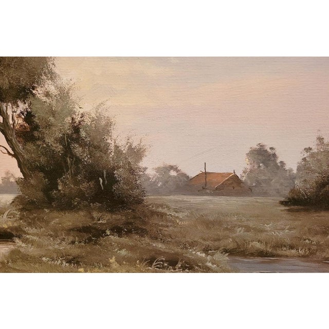 Modern W. Kroon, Dutch River Landscape with Boats & Countryside, 1930s, Oil Painting, Framed For Sale - Image 3 of 9