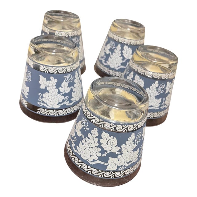1960s 5 Vintage Jeanette Glass Jasperware Wild Grapes Rocks Glasses Wedgwood Blue For Sale In Baltimore - Image 6 of 6