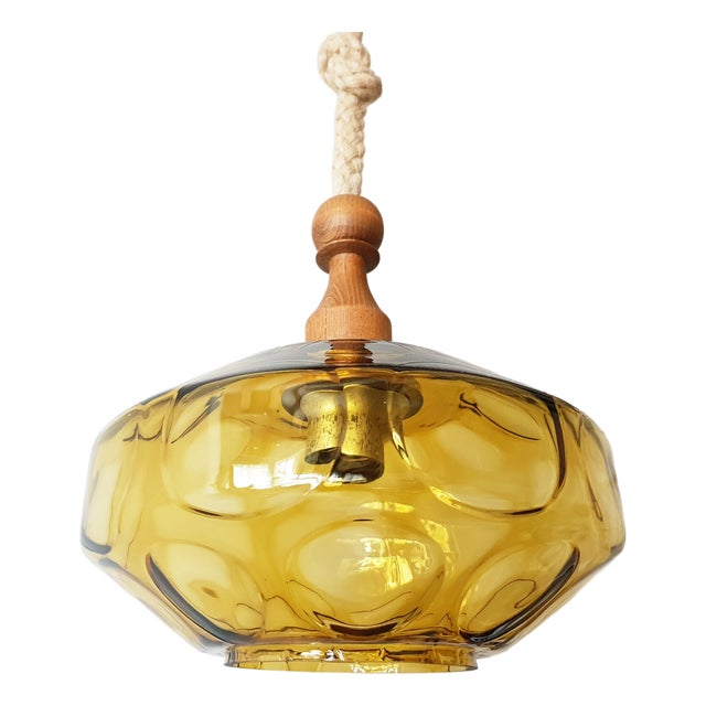Vintage Rope, Gilt Glass and Teak Pendant Light, 1960s For Sale