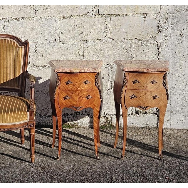 Vintage Marquetry Nightstands in Marble and Wood, Set of 2 For Sale - Image 15 of 16