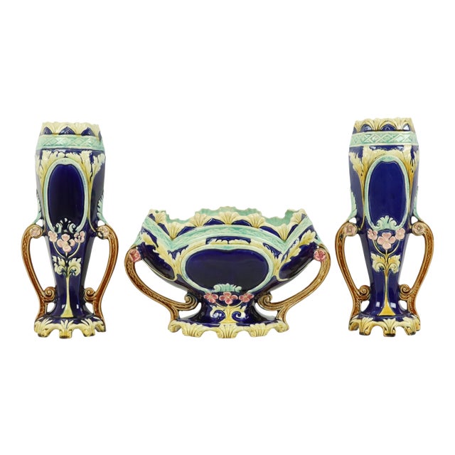Art Nouveau Majolica Barbotine Vases and Planters, 1890s, Set of 3 For Sale