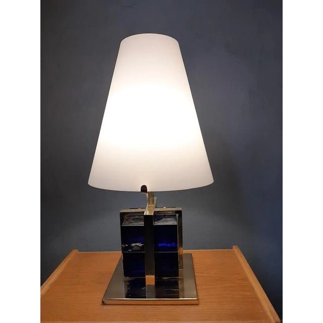 1990s Table Lamp in Brass with Blue Glass Cubes and White Opaline Cone, 1990s For Sale - Image 5 of 18