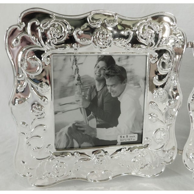 Metal Vintage Elegant Silver-Plated Rose Velvet Back Double 5.5" Picture Frame - New Old Stock For Sale - Image 7 of 11
