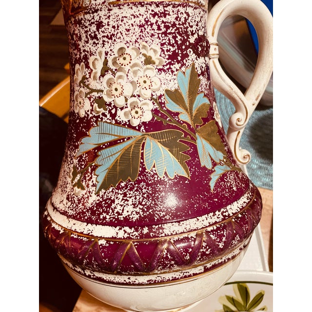 Maroon Vintage/Antique Mixed Porcelain Decorative Pitcher, Washpan Pitcher, “Ewer”, Stamped Antique Collectable Double-Glazed Earthenware For Sale - Image 8 of 8