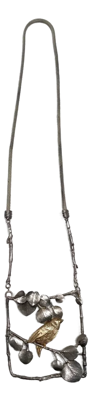 1980s Ann Krupp 14 K Bird Silver Branches Pendant Necklace