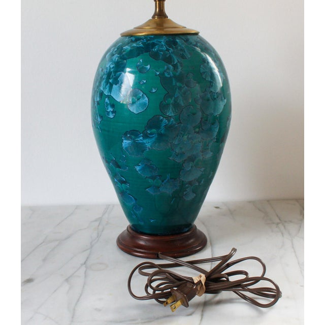 Wood Vintage Teal Glazed Ceramic Table Lamp For Sale - Image 7 of 11