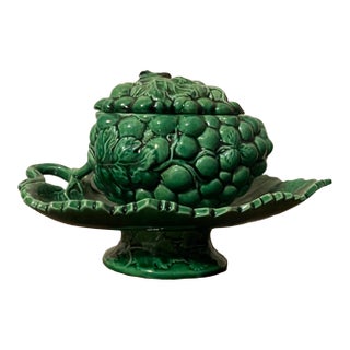Antique 19th Century English Regency Green Pottery Sauce Tureen in the Form of a Grape Cluster and Leaf For Sale