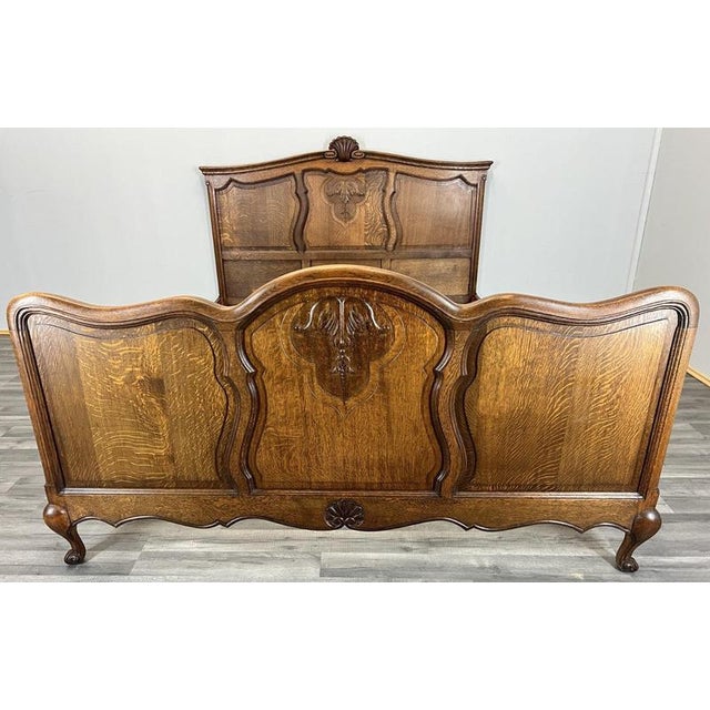 Vintage French Louis XVI Style Oak Double Bed Frame with Carved Headboard For Sale - Image 3 of 10