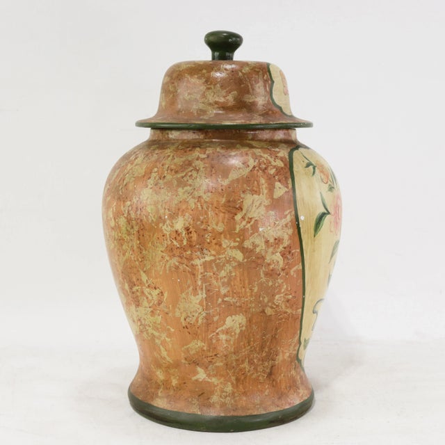 Vintage Hand-Painted Ginger Jar With Lid, Floral and Butterfly Design For Sale In New York - Image 6 of 14